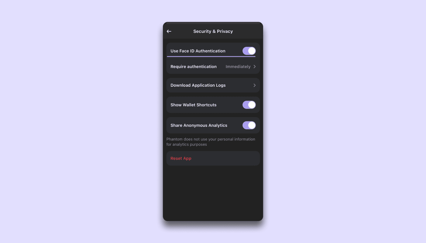 Phantom mobile app showing the Use Face ID Authentication toggle in Security and Privacy settings