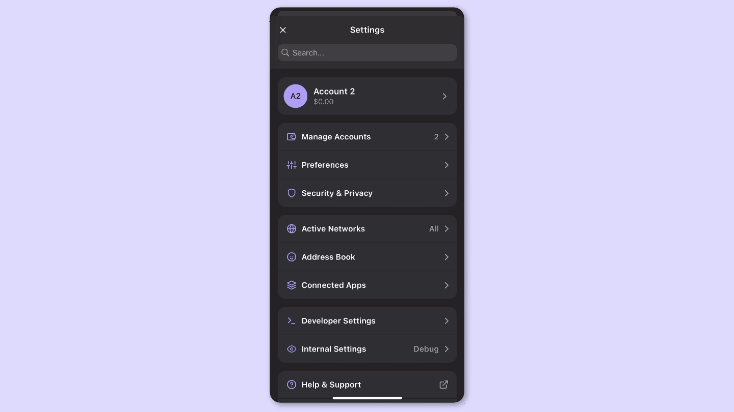 Phantom mobile app showing the Require authentication setting in Security and Privacy