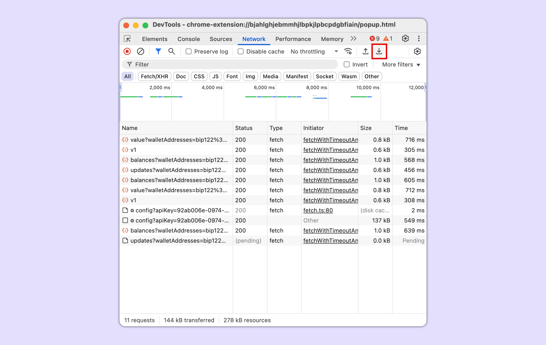DevTools Network tab showing Phantom extension network activity