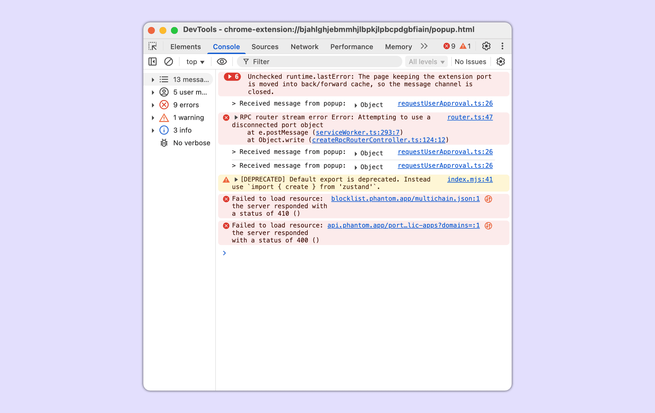 DevTools Console tab showing Phantom extension logs