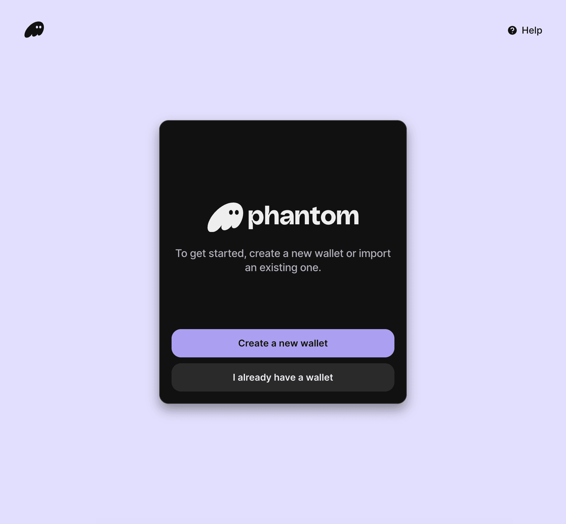 Phantom browser extension welcome screen with options to create a new wallet or restore an existing one