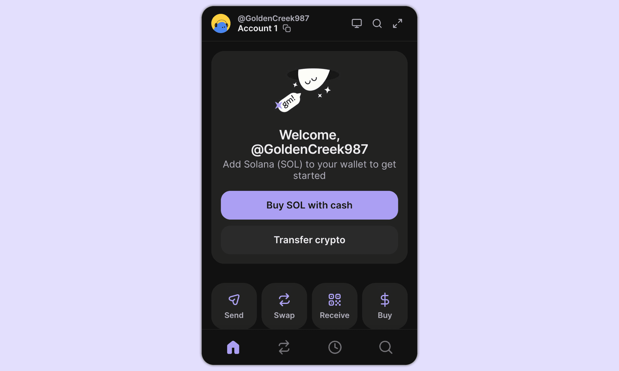 Phantom browser extension home tab showing wallet balance and navigation